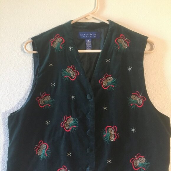 VTG Karen Scott Ugly Christmas Velvet Vest 100% Cotton Pinecones Snowflakes Sz L - Picture 2 of 6